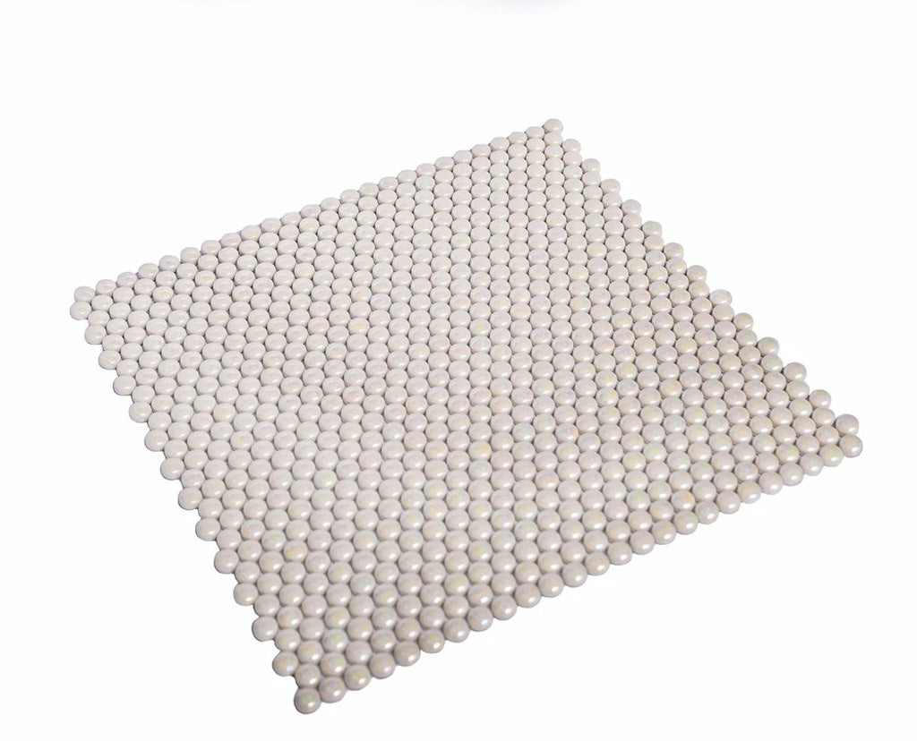 Parchment White 12x12 Glossy Iridescent Penny Round Recycled Glass Mosaic Tile (10 pack, 11.11 sq ft/case) - Sample