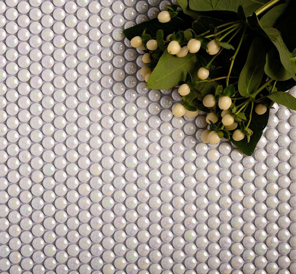 Parchment White 12x12 Glossy Iridescent Penny Round Recycled Glass Mosaic Tile (10 pack, 11.11 sq ft/case) - Sample