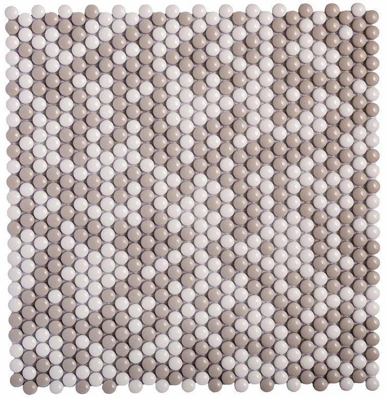 White, Beige 12x12 Glossy Recycled Glass Penny Round Mosaic tile (10 pack, 11.11 sq. ft./case) - Sample