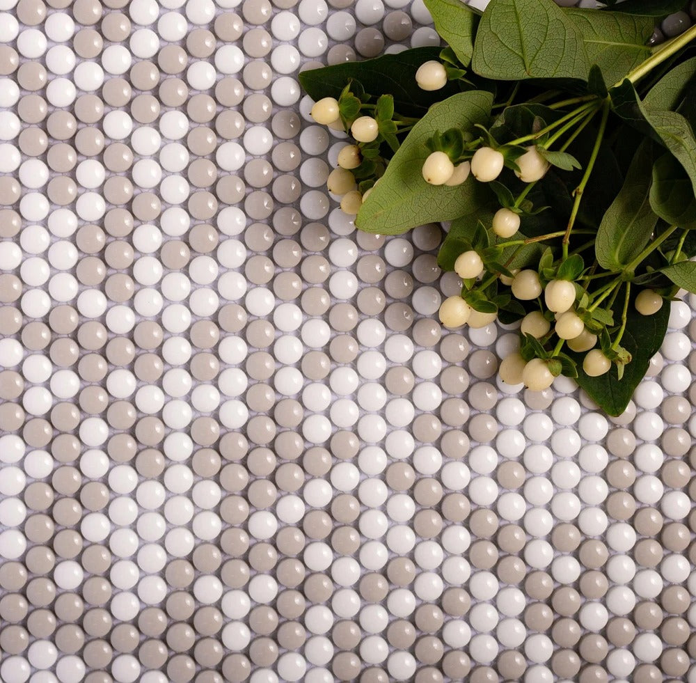 White, Beige 12x12 Glossy Recycled Glass Penny Round Mosaic tile (10 pack, 11.11 sq. ft./case) - Sample