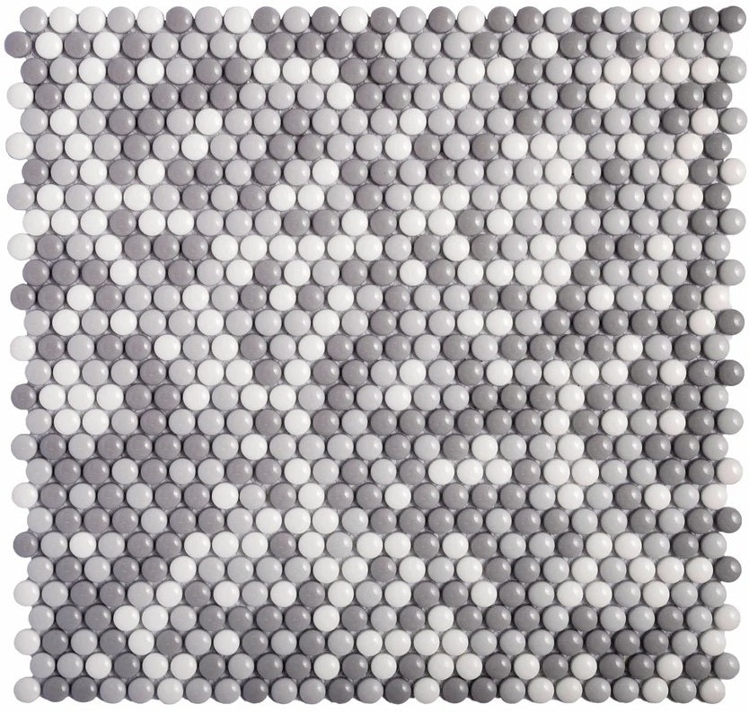 White, Gray 12x12 Glossy Recycled Glass Penny Round Mosaic tile (10 pack, 11.11 sq. ft./case) - Sample