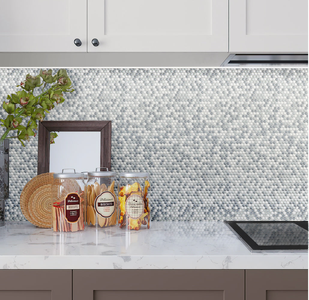 White, Gray 12x12 Glossy Recycled Glass Penny Round Mosaic tile (10 pack, 11.11 sq ft/case)