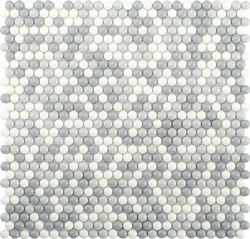 White, Gray 12x12 Glossy Recycled Glass Penny Round Mosaic tile (10 pack, 11.11 sq. ft./case) - Sample