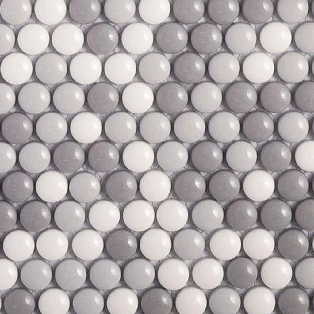 White, Gray 12x12 Glossy Recycled Glass Penny Round Mosaic tile (10 pack, 11.11 sq. ft./case) - Sample