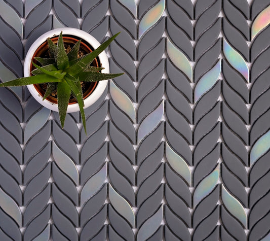 anchor gray 12x12 matte recycled glass mosaic tile with matte finish and leaf pattern
