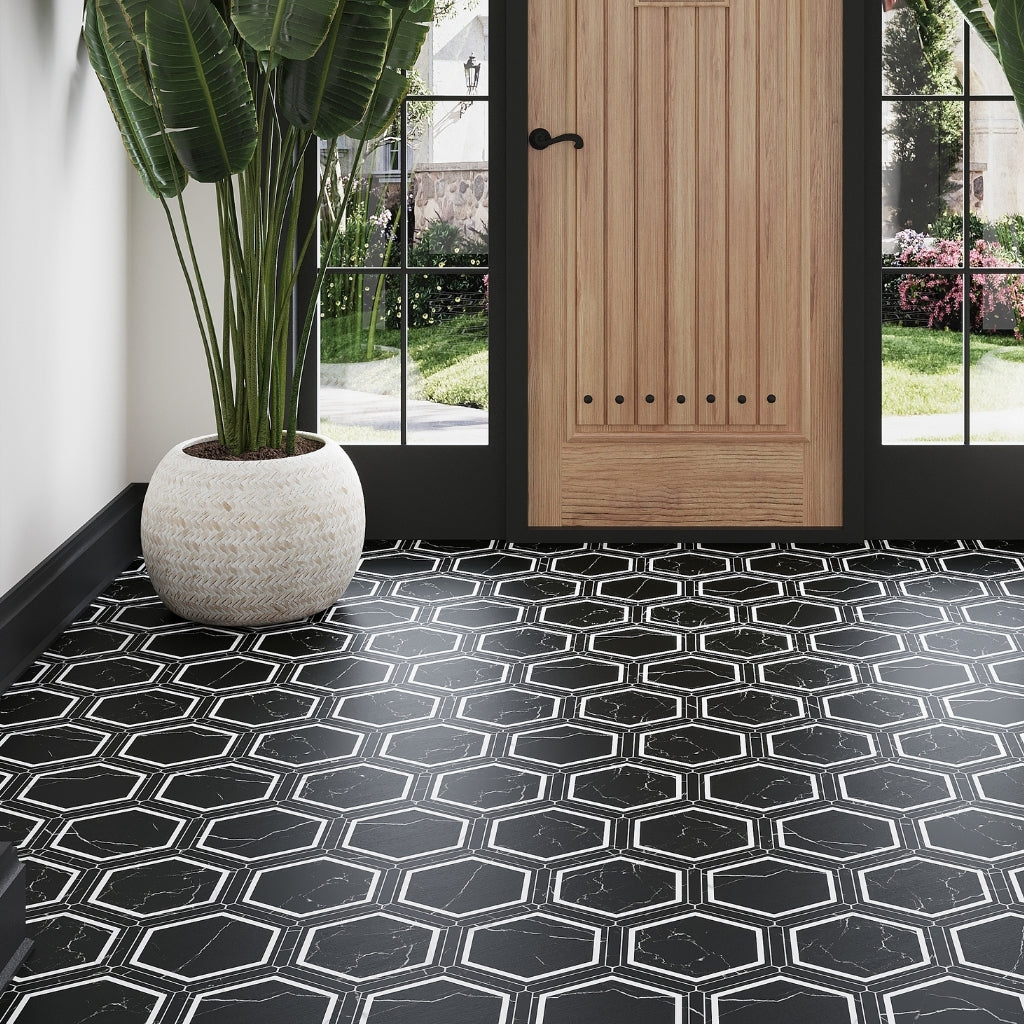 Black White 9x10 Matte Hexagon Porcelain Tile (18 pack, 8.07 sq ft/case)