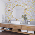 White gold polished brick PVC peel and stick tile with gray veining for bathroom wall