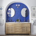 Cobalt blue 3x6 glossy subway glass tile backsplash in bathroom wall