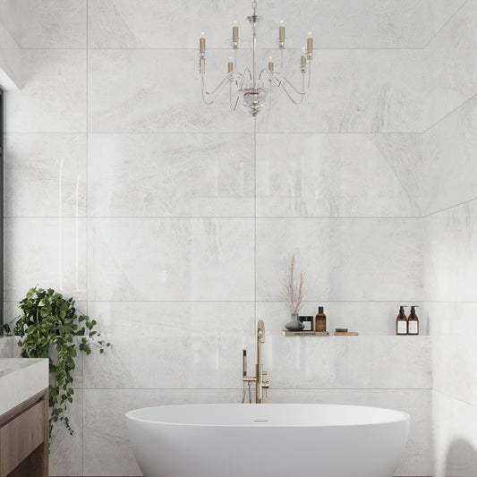 Frosted white 24x48 polished porcelain tile with subtle textured crystallized stone pattern