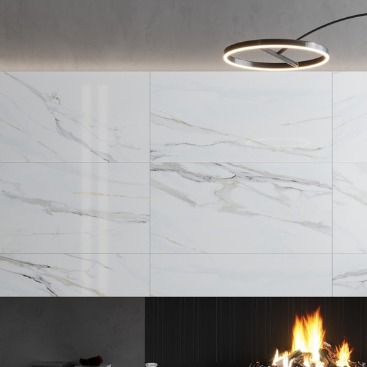 Pearl white 24x48 polished porcelain tile with subtle veining, ideal for indoor walls