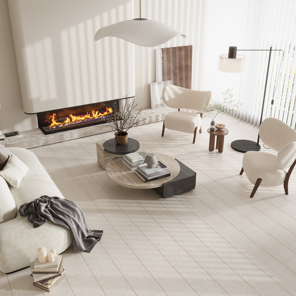 Unique small entryway flooring ideas in a matte porcelain large plank tile design