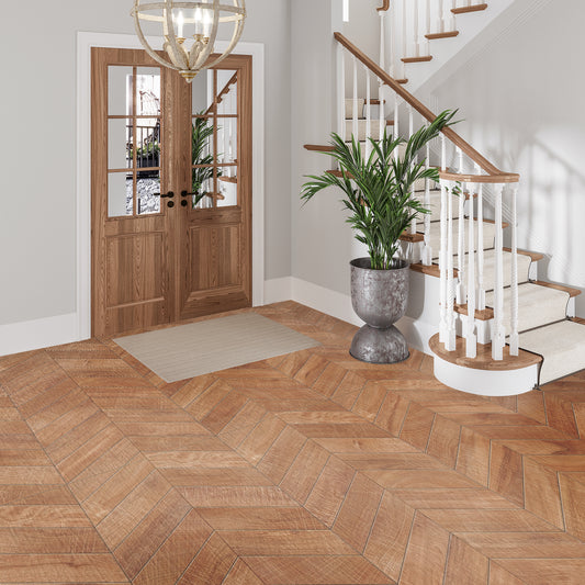 Matte brown porcelain large format tile with natural wood look on floor near staircase and door