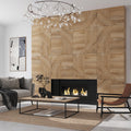 large format matte brown porcelain wood-look tiles on living room wall around fireplace