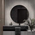 Gray matte porcelain deco tile with vertical grooves on bathroom wall, 24x48 inches