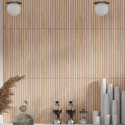 Matte maple beige porcelain ribbon tile wall with vertical ribbed texture, large format, 24x48 inches