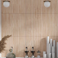 Matte maple beige porcelain ribbon tile wall with vertical ribbed texture, large format, 24x48 inches