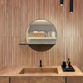 Matte natural brown porcelain wood-look ribbon tile on bathroom wall, 23.77 x 47.25 inches