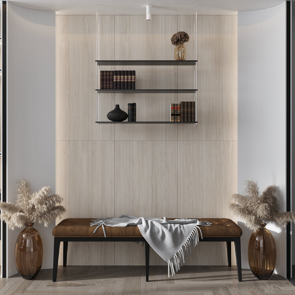 Large-format porcelain wood-look tile design with a fluted texture