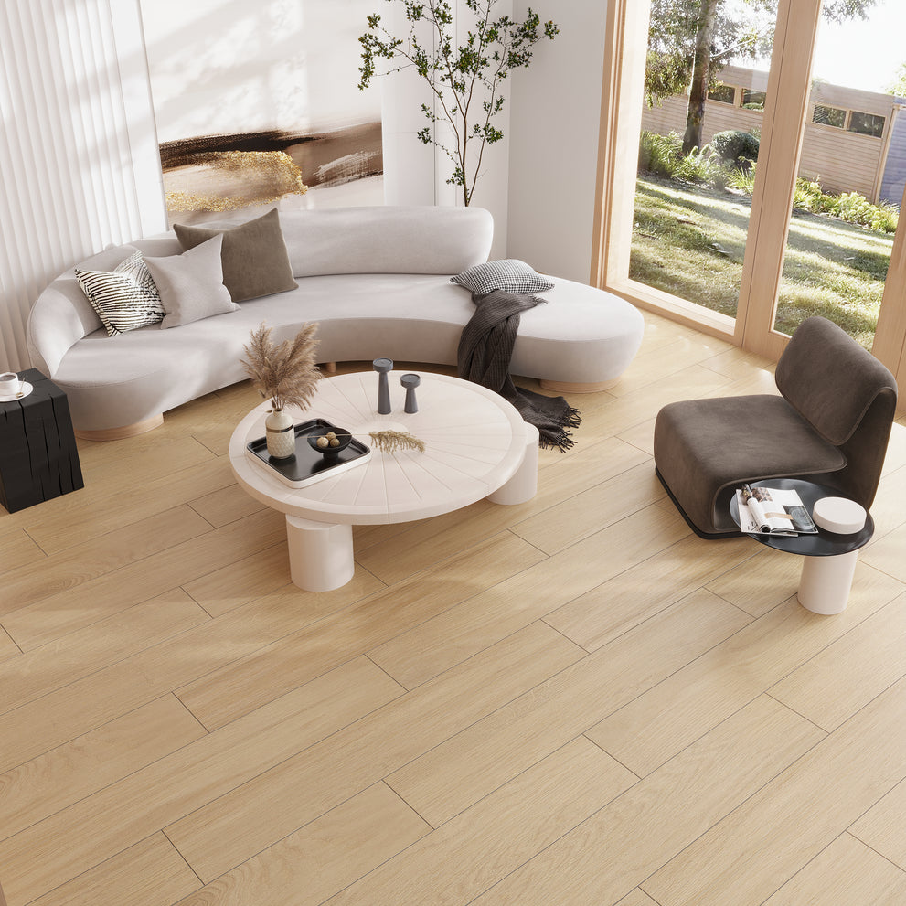 Natural wood matte plank porcelain large tile in a 1/3 offset wood-look design