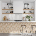 Matte dark brown beige ceramic chevron tiles on kitchen island front wall, large 16x48 format