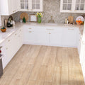 Matte beige maple porcelain large format floor tile 8x48 installed in modern kitchen floor