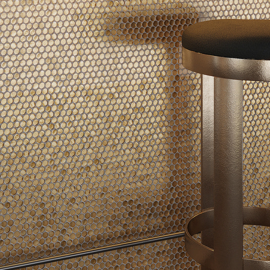 Gold glossy glass penny round mosaic tile on wall, 12x12 inches, suitable for backsplash or shower walls