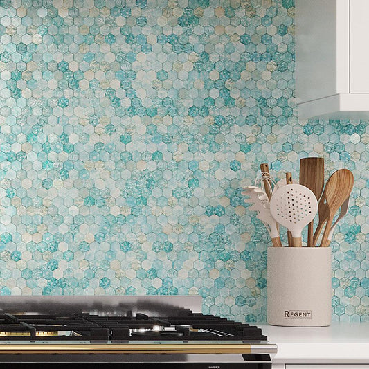 Aqua matte hexagon glass mosaic tile backsplash, 12x12 inches, kitchen wall installation