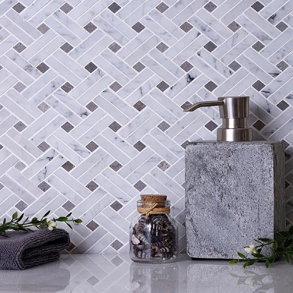 White 11x11 Polished Basketweave Marble Mosaic Tile (5 pack, 4.47 sq ft/case) - Sample