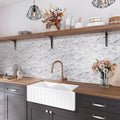 White matte brick glass mosaic tile backsplash with gray streaks in kitchen setting