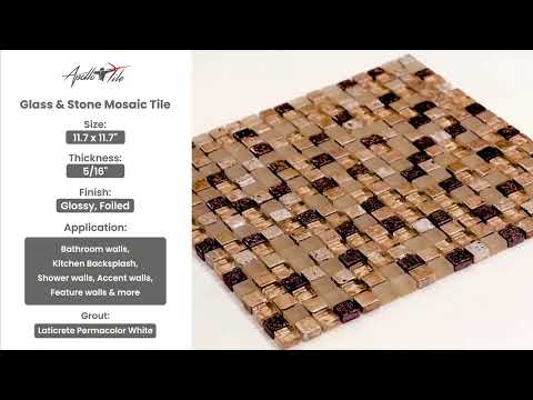 Beige Brown 12x12 Glossy Foiled Square Glass Resin Stone Mosaic Tile (5 pack, 4.75 sq ft/case) - Sample