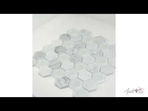 5 pack White 11.8 x 12 in. Hexagon Glass and Marble Polished and Etched Mosaic Floor and Wall Tile (4.92 sq. ft./Case)