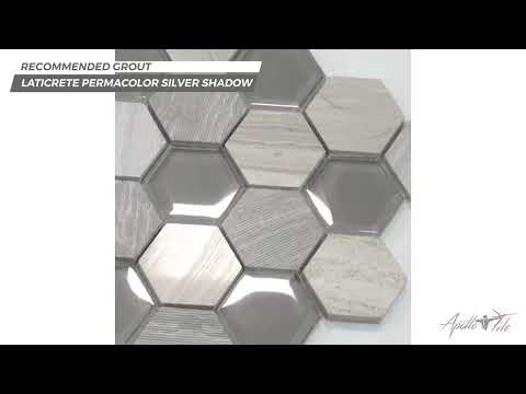 5 pack Gray 11.8 in.x12 in. Hexagon Glass and Marble Polished and Etched Mosaic Floor and Wall Tile (4.92 sq. ft./Case)