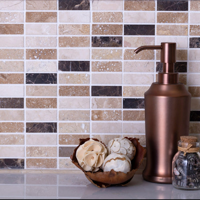 Beige and brown polished travertine marble mosaic tile, 12x12, for kitchen backsplash or bathroom wall