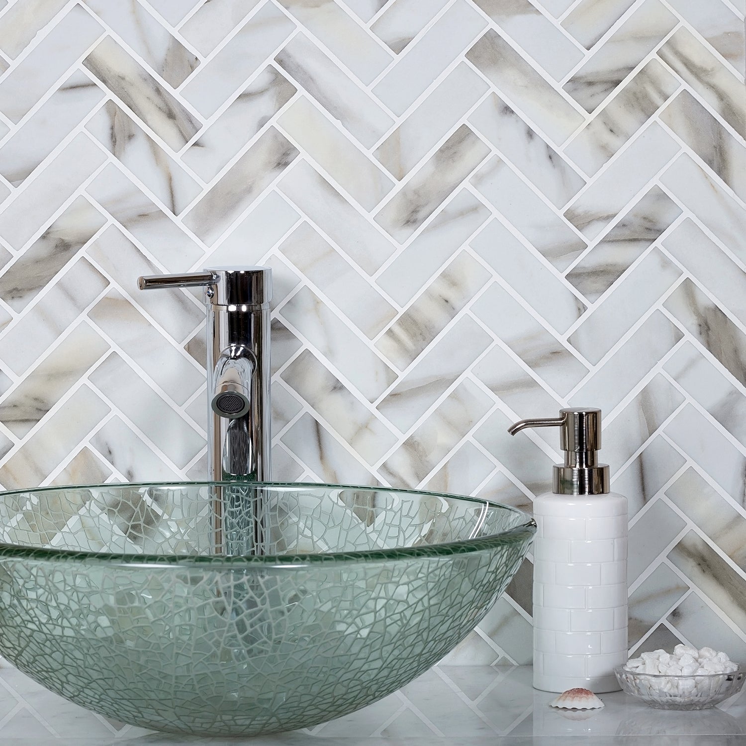 White and Beige Herringbone Tile