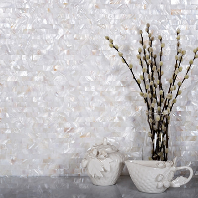 White mother-of-pearl mosaic tile, polished finish, 11 by 12 inches, for bathroom or shower walls and kitchen backsplash