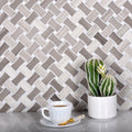 Polished Eastern White and Athens Grey marble basketweave mosaic tile for kitchen backsplashes or bathroom walls