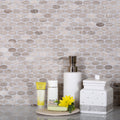 beige oval polished marble mosaic tile backsplash with wooden texture pattern