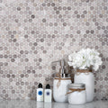 Beige polished penny round marble mosaic tile with wood-look veining, suitable for kitchen backsplash or bathroom wall
