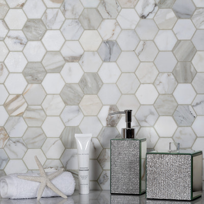 12-inch gray honed natural stone hexagon marble-look tile for bathroom or kitchen wall