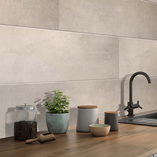 Bone white rectangular ceramic tile with matte finish on kitchen backsplash