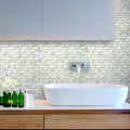 White glossy foiled square glass resin stone mosaic tile backsplash in bathroom wall installation
