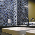 Gray blue glass resin stone mosaic tile, glossy foiled finish, 12x12, on bathroom wall