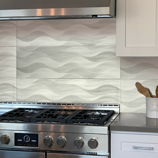 white matte ceramic rectangular tile with wavy pattern backsplash in kitchen
