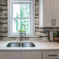 Gray and white 12x12 polished matte linear glass stone mosaic tile installed in the kitchen backsplash