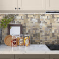 Beige brown multi-shaped polished and textured glass stone mosaic backsplash tiles, 12x12 inches
