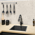 Eastern White Bianco Carrara polished marble basketweave mosaic tile on kitchen backsplash