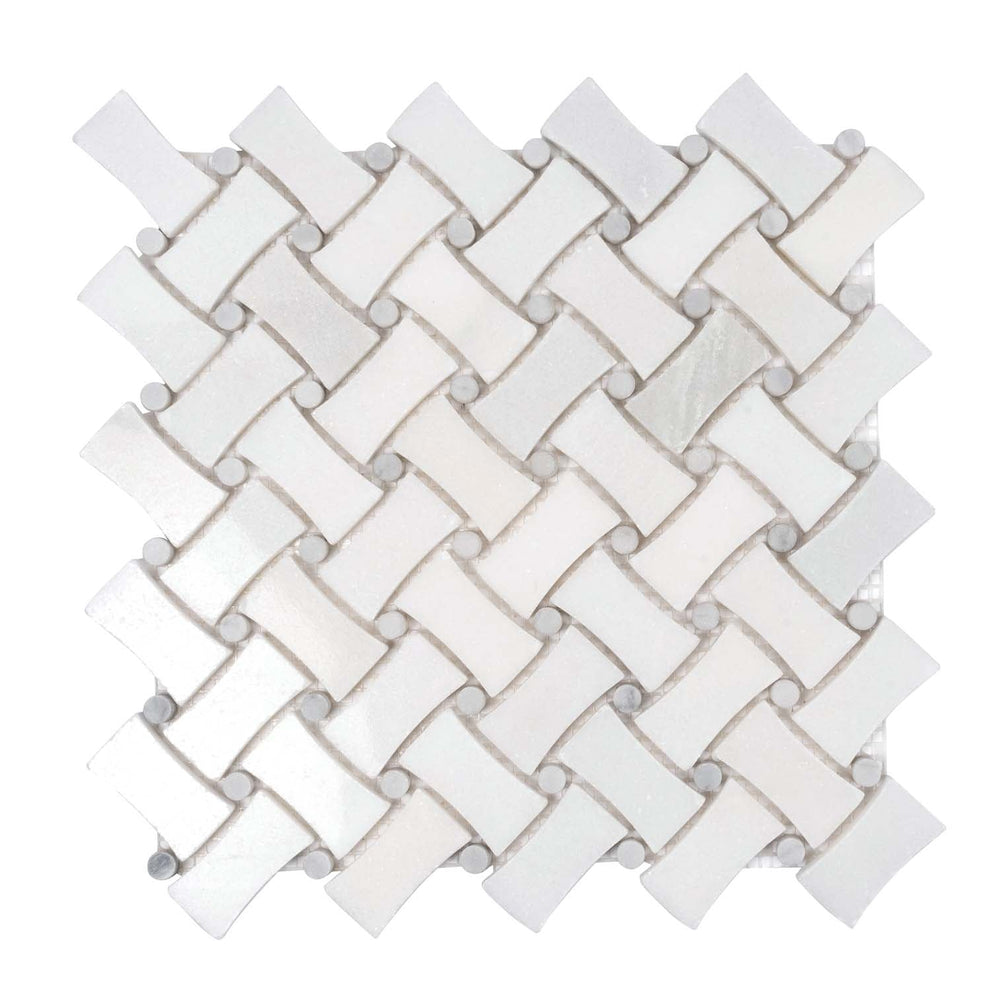 Polished basketweave marble mosaic tile in Eastern White and Bianco Carrara