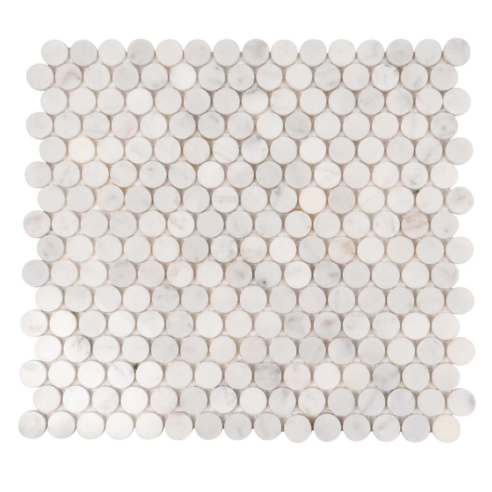 White polished Bianco Carrara marble mosaic tile in a penny round pattern