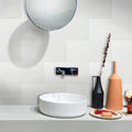 White honed Thassos marble subway tile 12x24 on bathroom wall