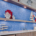 Blue glossy multi-shaped glass mosaic tile for a kitchen backsplash or bathroom wall surface